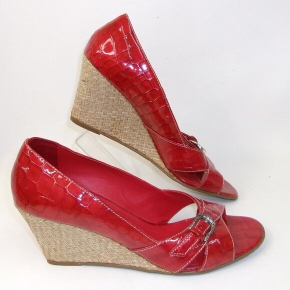Brighton Riva Red Crocodile Embossed Leather Espadrille Wedge Heels 8.5 - Picture 1 of 6